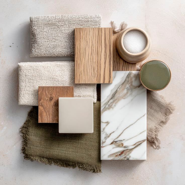 Progetto di interior design a Bologna - Moodboard per arredamento moderno in verde salvia, rovere e marmo