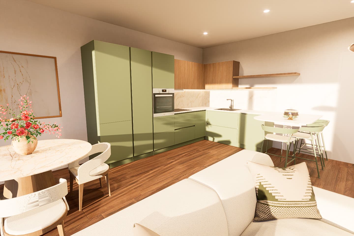 Progetto di interior design a Bologna - Open space moderno in verde salvia e legno rovere