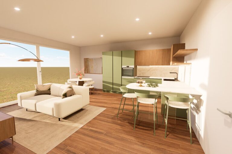 Progetto di interior design a Bologna - zona living in verde salvia e legno rovere