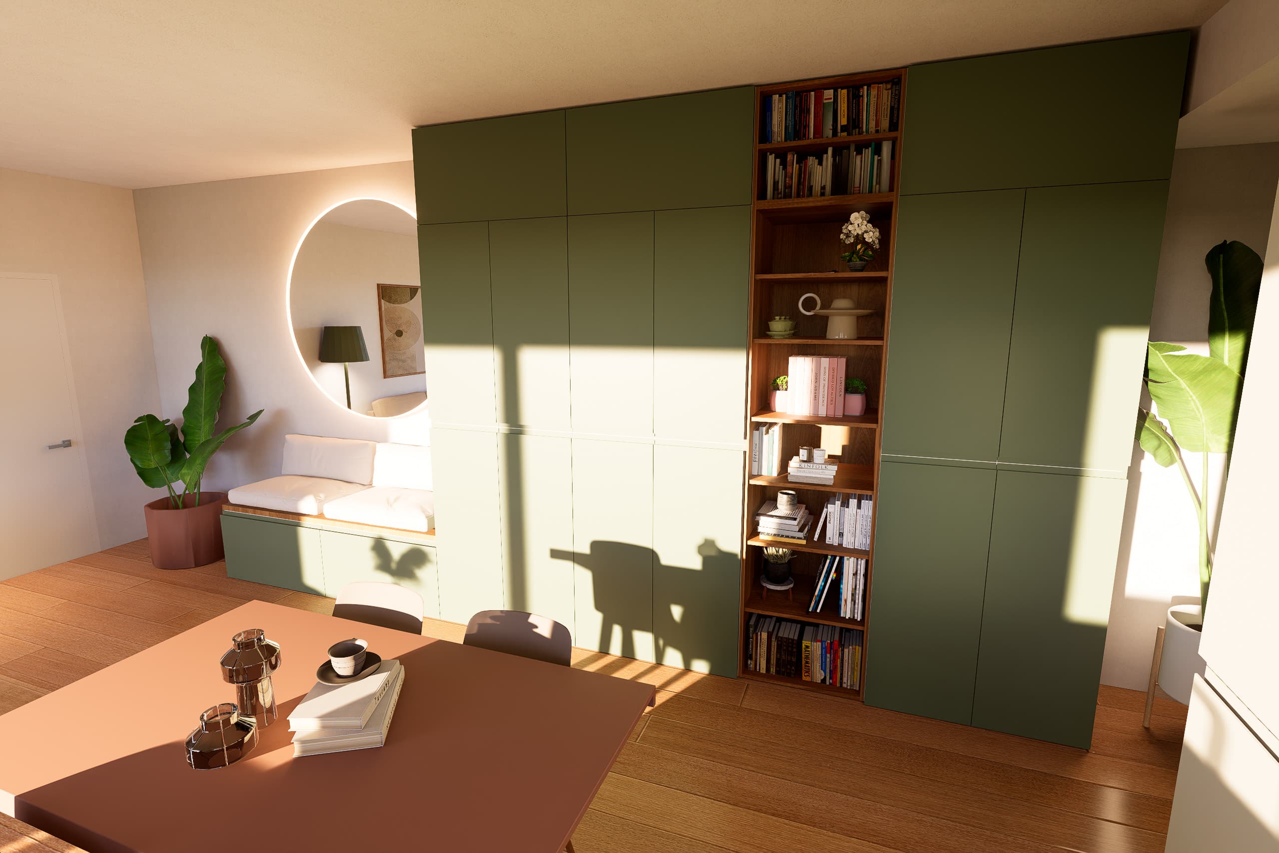 Zona giorno con armadiatura a muro dal design Japandi contemporaneo