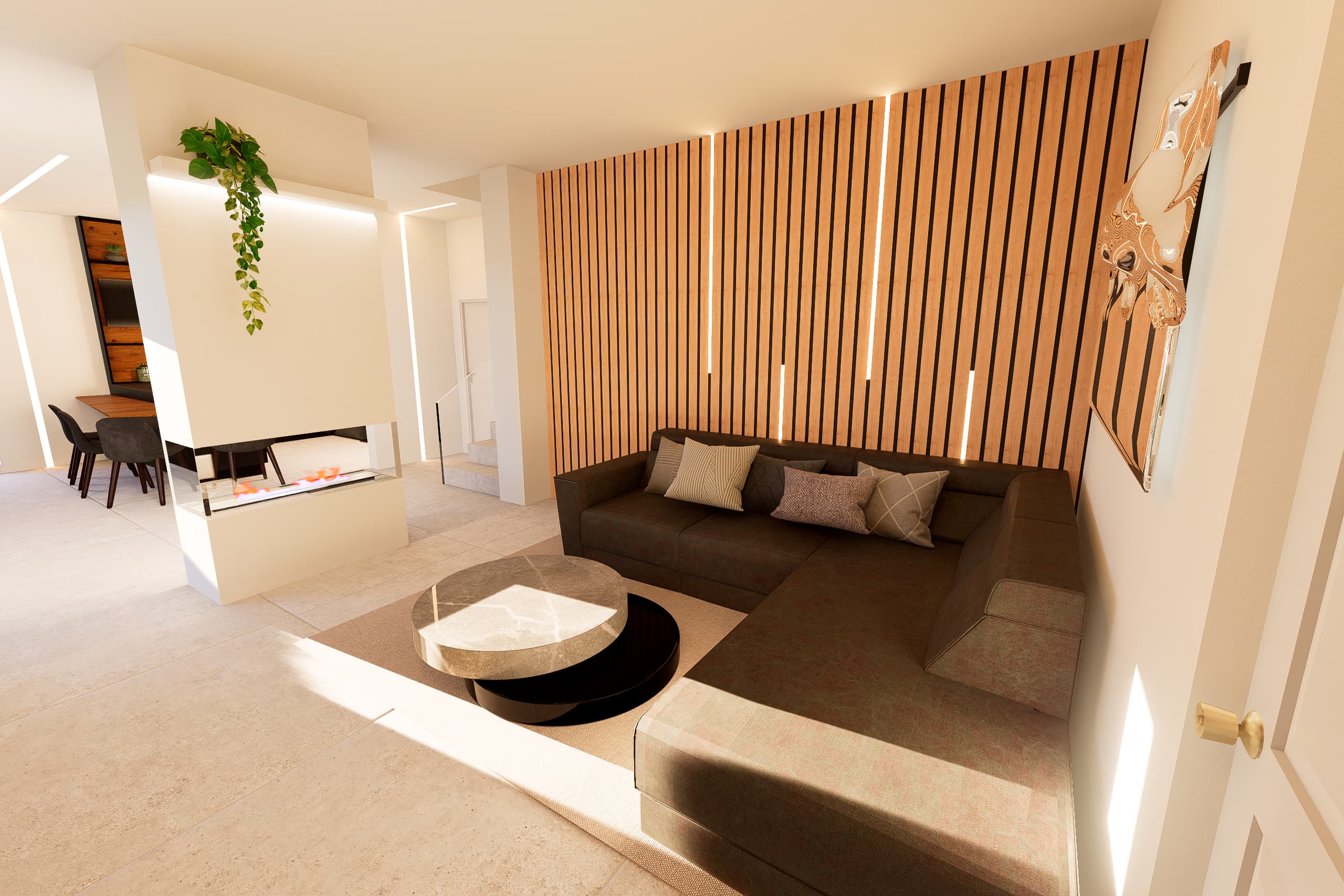Open space con legno cannettato e dettagli scuri