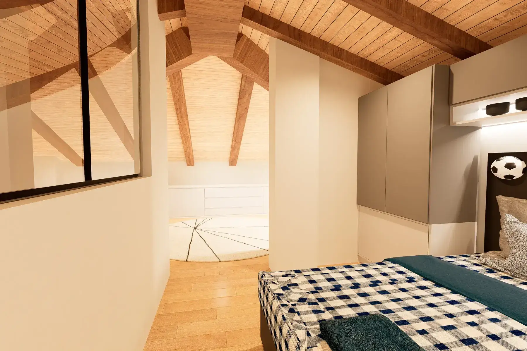 camera-da-letto-con-armadio-e-travi-a-vista Camera da letto in stile nordico con spazi ampi e travi in legno a vista
