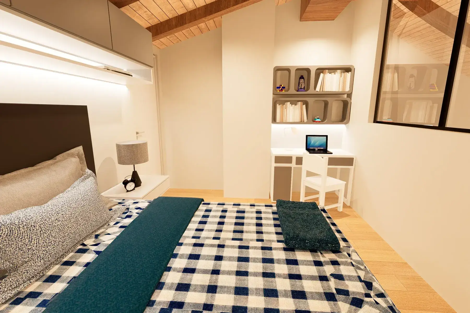 camera-da-letto-design-nordico-arredi-su-misura Camera da letto con angolo scrivania e stile nordico moderno