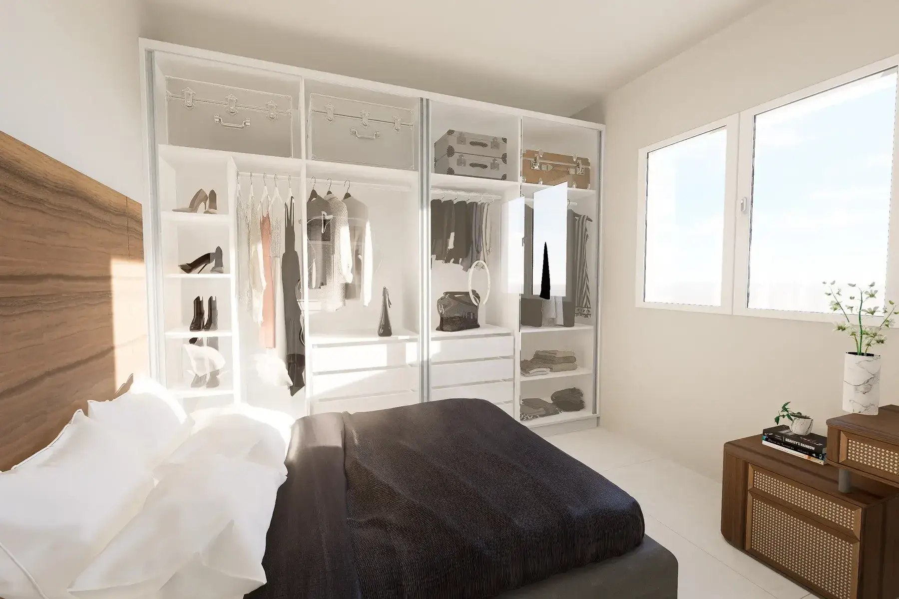 camera-da-letto-nordica-armadio-a-vista Camera da letto con cabina armadio moderna con ante in vetro