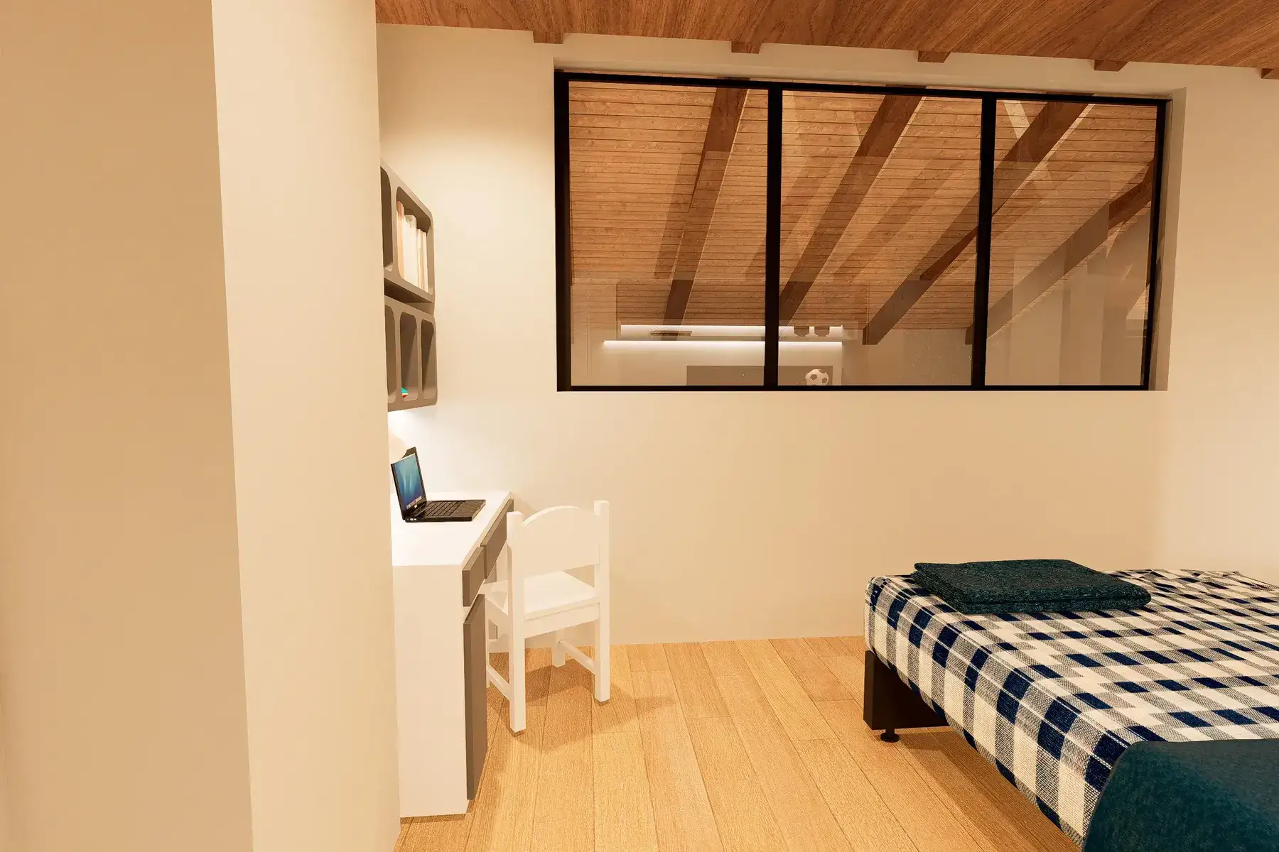 camera-da-letto-nordica-armadio-incassato Camera da letto in stile nordico con scrivania e vetrate interne con telai neri