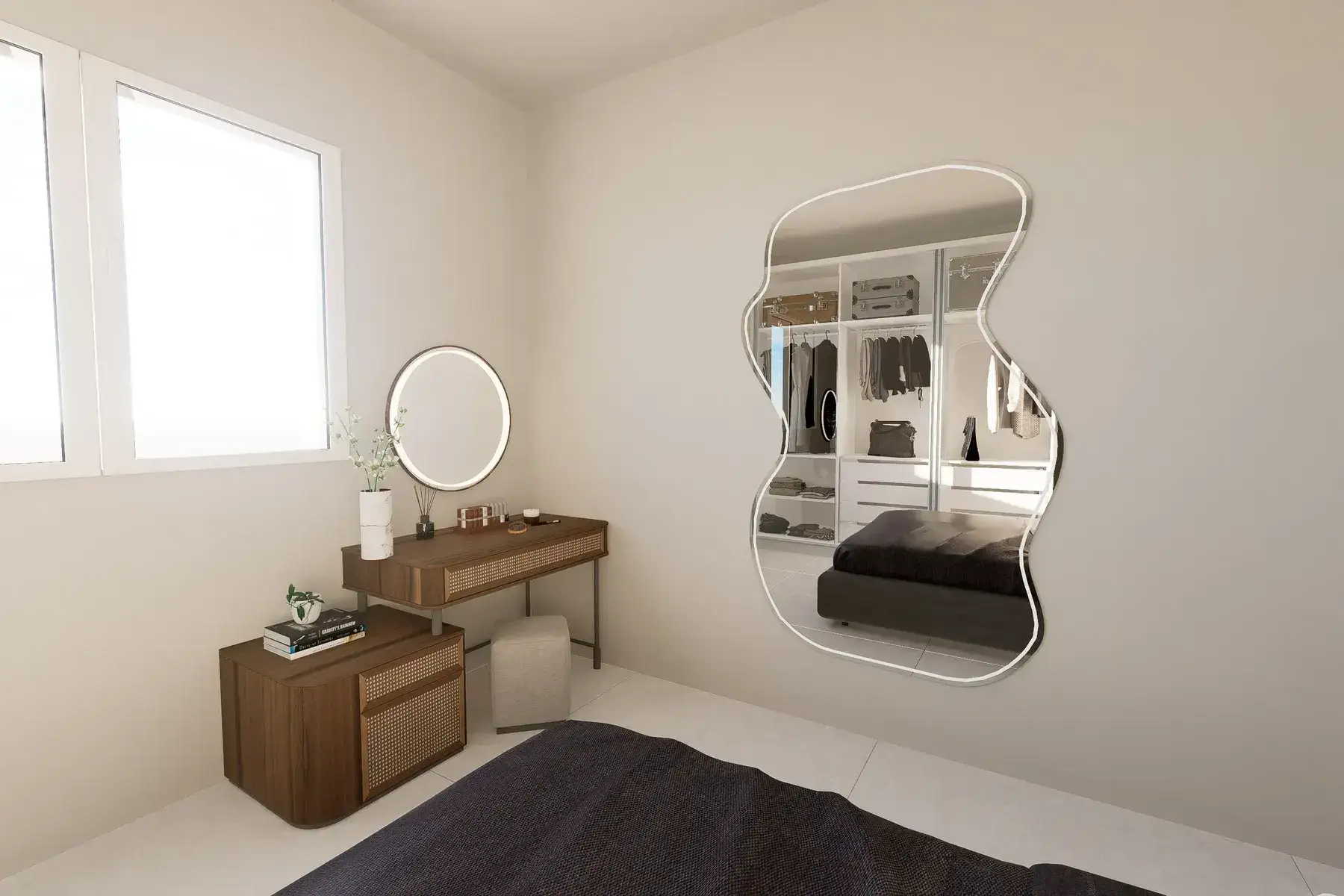 camera-da-letto-scrittoio-forme-geometriche Specchio da parete sagomato di design e consolle toilette in legno con dettagli in paglia di Vienna