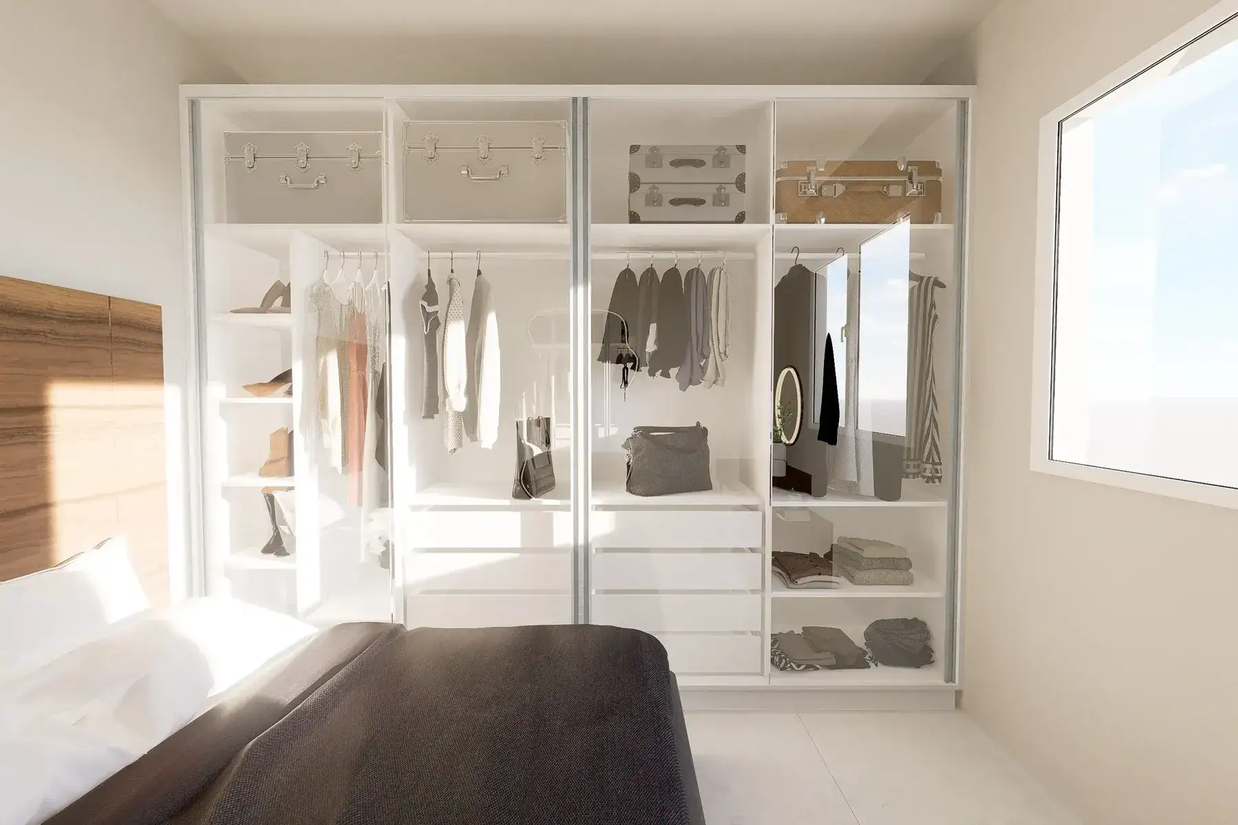 camera-da-letto-stile-nordico-armadio-su-misura Camera da letto moderna con grande armadio guardaroba bianco a parete e finiture chiare