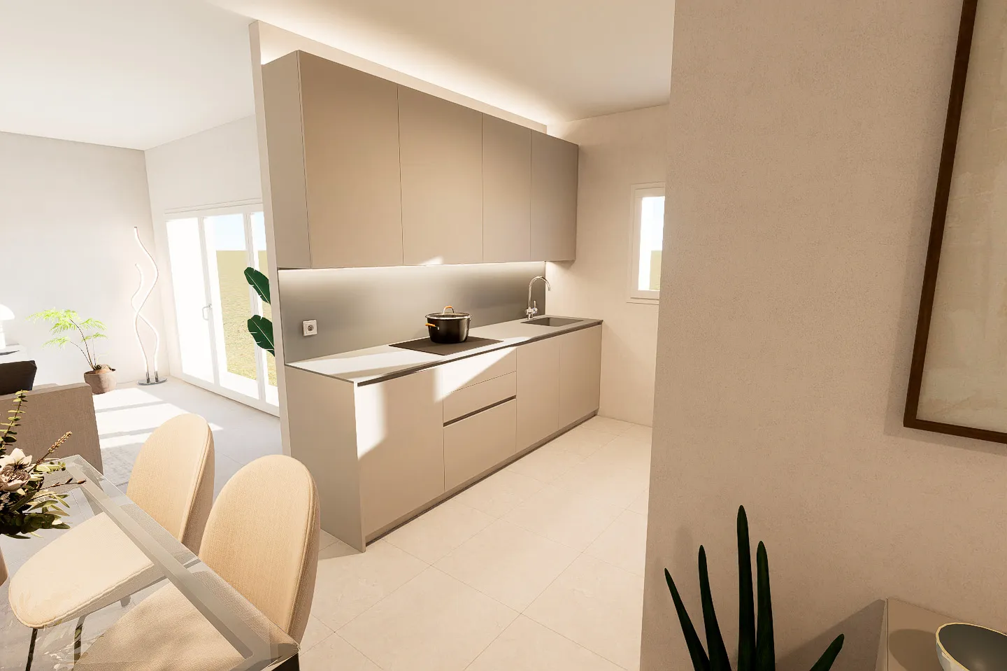 cucina-lineare-zona-giorno-open-space Cucina moderna minimalista colore tortora con penisola, illuminazione LED e zona open space - Abita Home Living