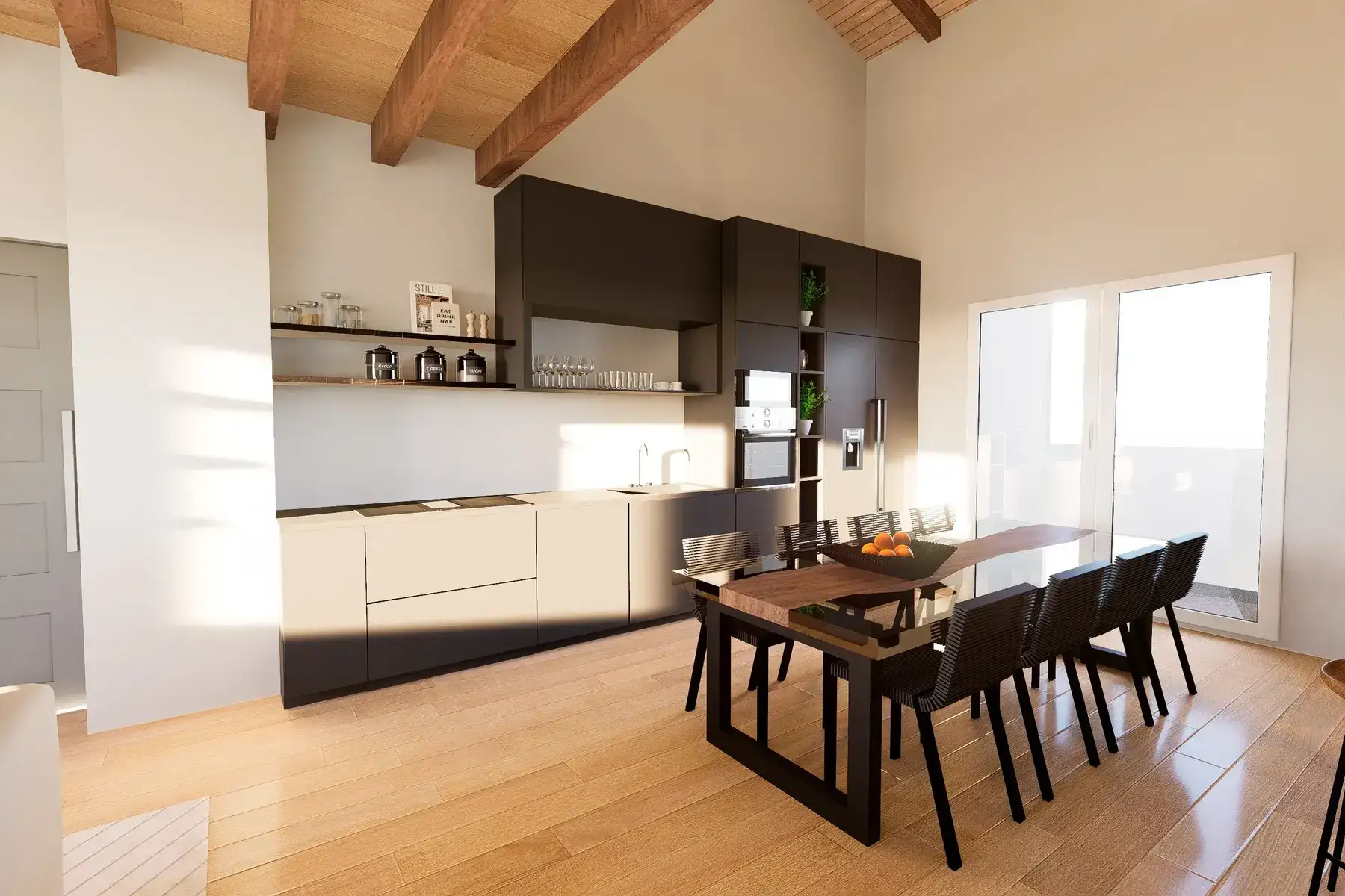 Design d'interni moderno per open space con soffitto inclinato a travi di legno