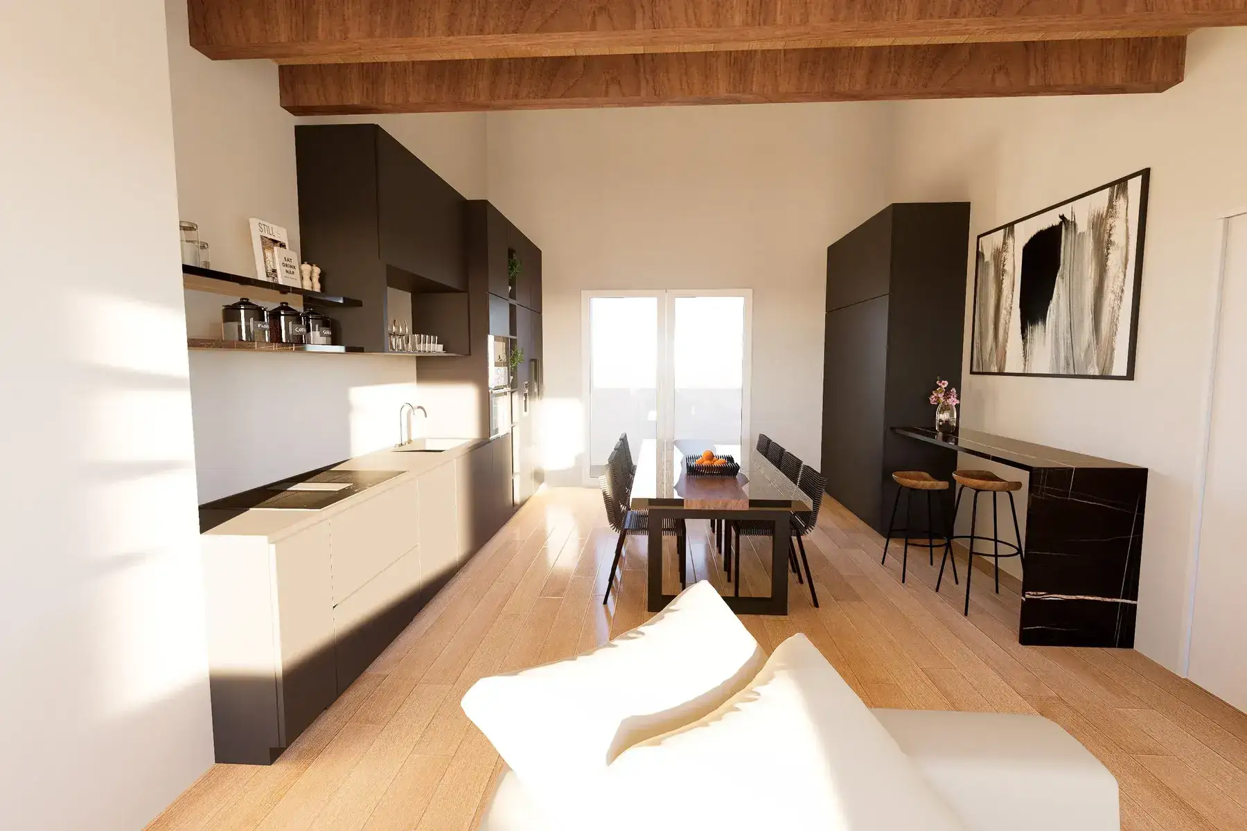 cucina-open-space-nordica-progetto-bologna Progetto open space moderno con tavolo in vetro nero e finiture scure