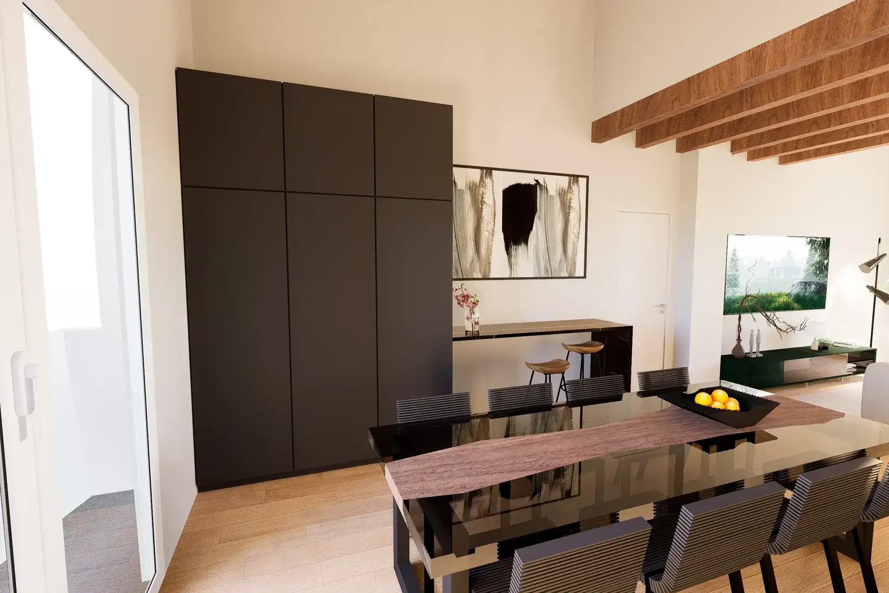 cucina-open-space-tavolo-da-pranzo Tavolo da pranzo in vetro nero e armadiatura moderna scura