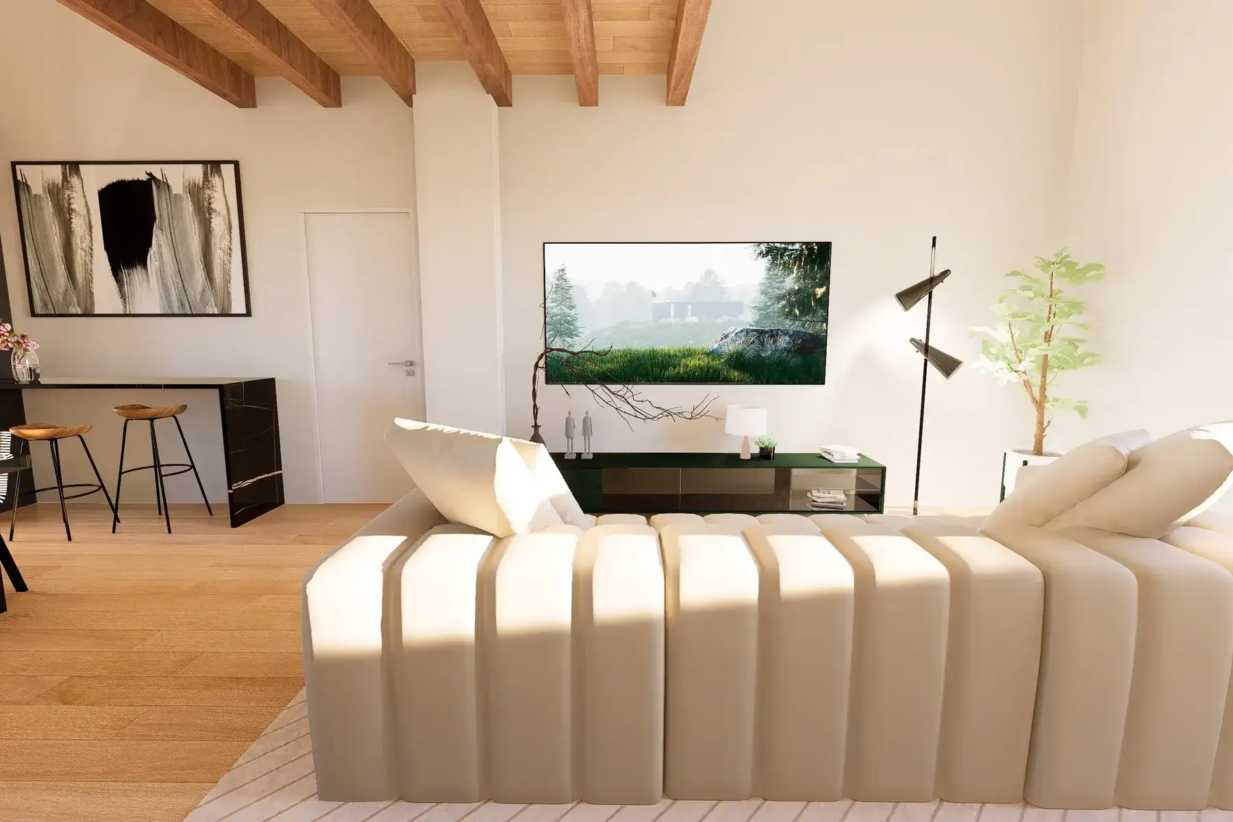 Angolo relax con divano e mobile TV in stile nordico