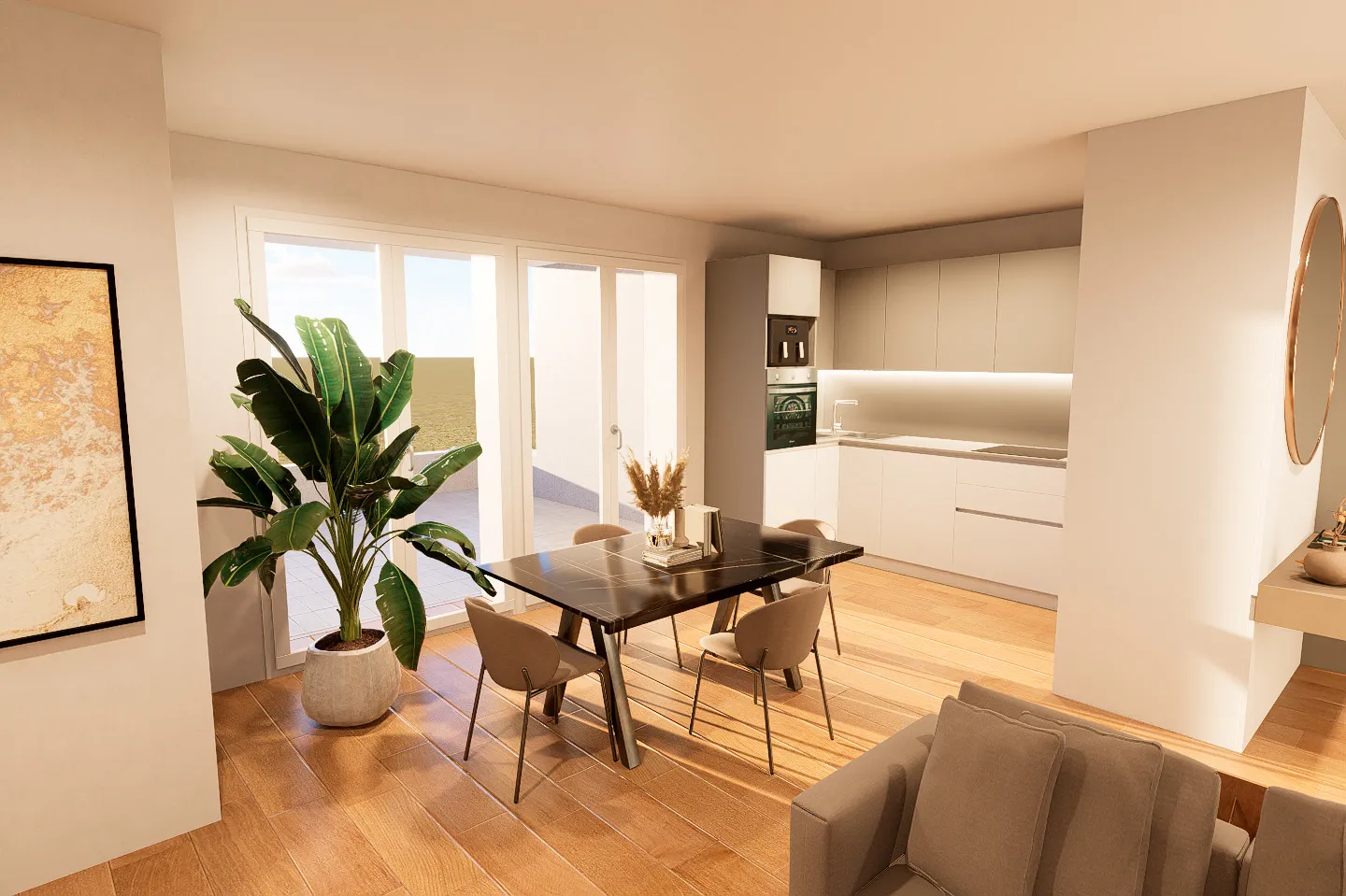 Zona giorno open space nei toni del beige e del grigio con tavolo in marmo scuro e cucina componibile ad angolo