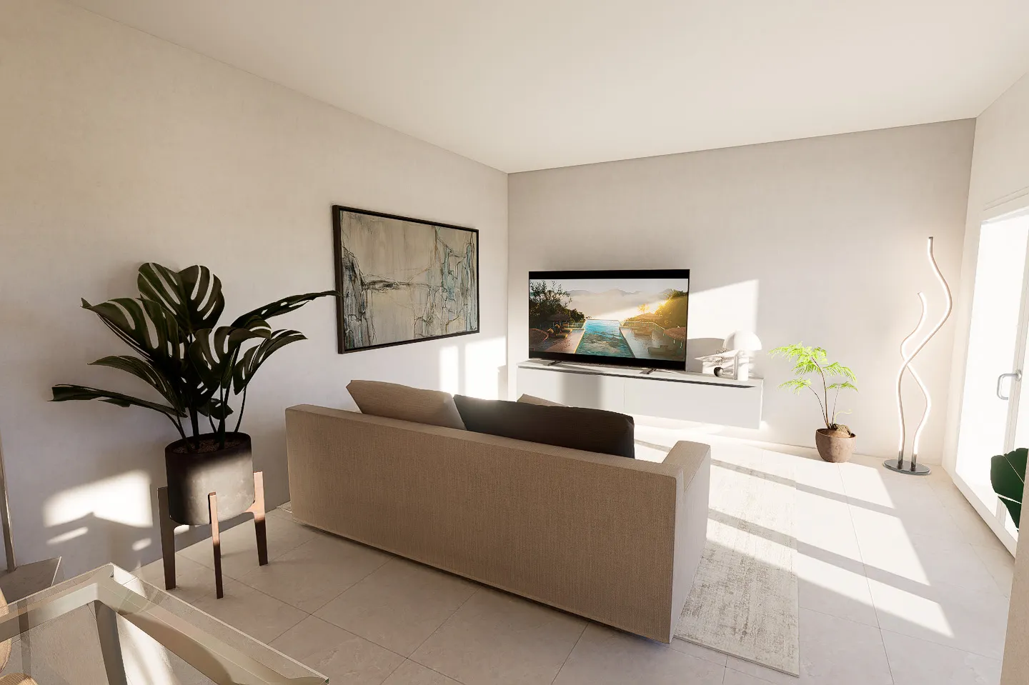 living-senza-ostacoli-con-tv-divano Zona relax moderna con mobile TV