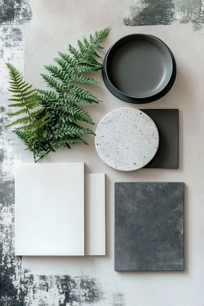 Moodboard con toni neutri in contrasto e dettagli botanici