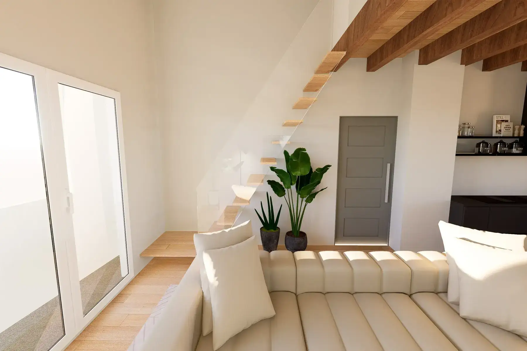 open-space-cucina-soggiorno-stile-nordico Open space moderno ed elegante con scala in trasparenza