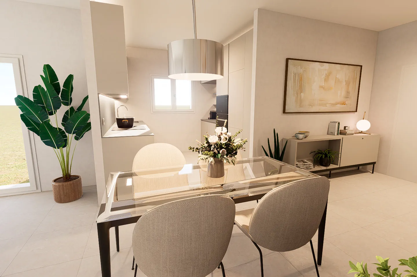 progettazione-interni-bologna-casa-senza-ostacoli Zona pranzo contemporanea con tavolo in vetro, cucina bianca e piante decorative