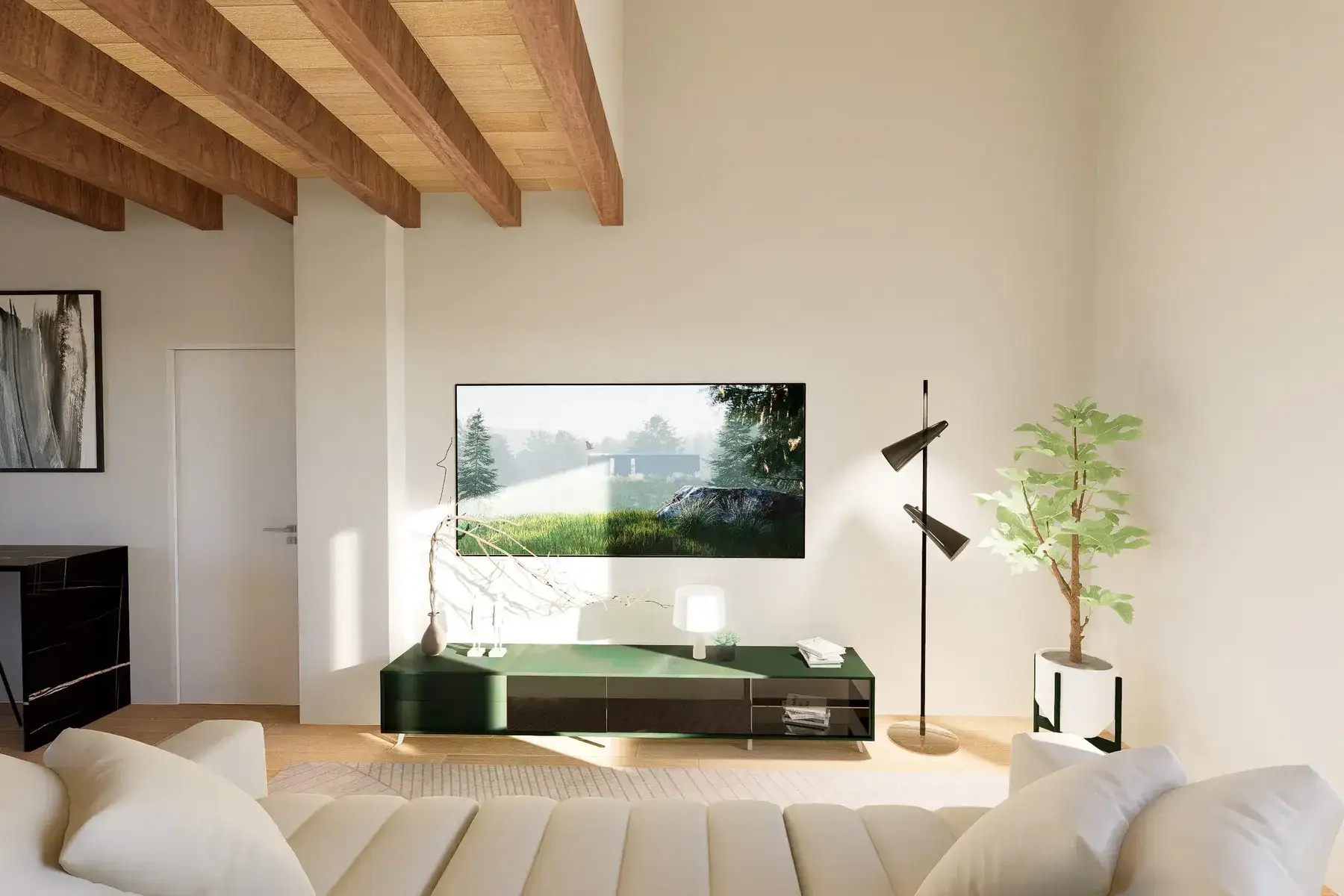 soggiorno-con-divano-bianco-e-mobile-tv-verde Progettazione di design per mobile TV moderno e angolo relax con divano