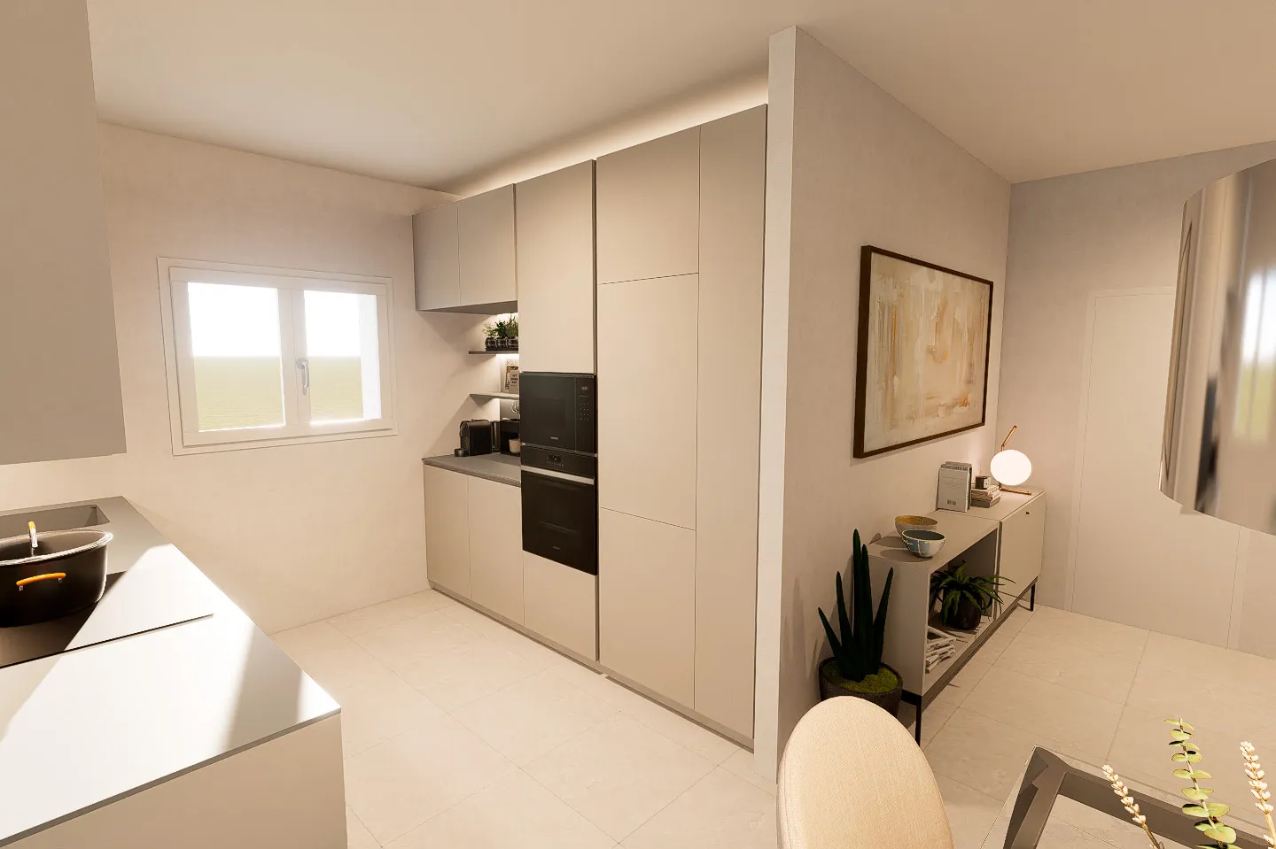 spazi-sfruttati-verticale-cucina-moderna Cucina moderna bianca con colonne a tutta altezza e zona pranzo