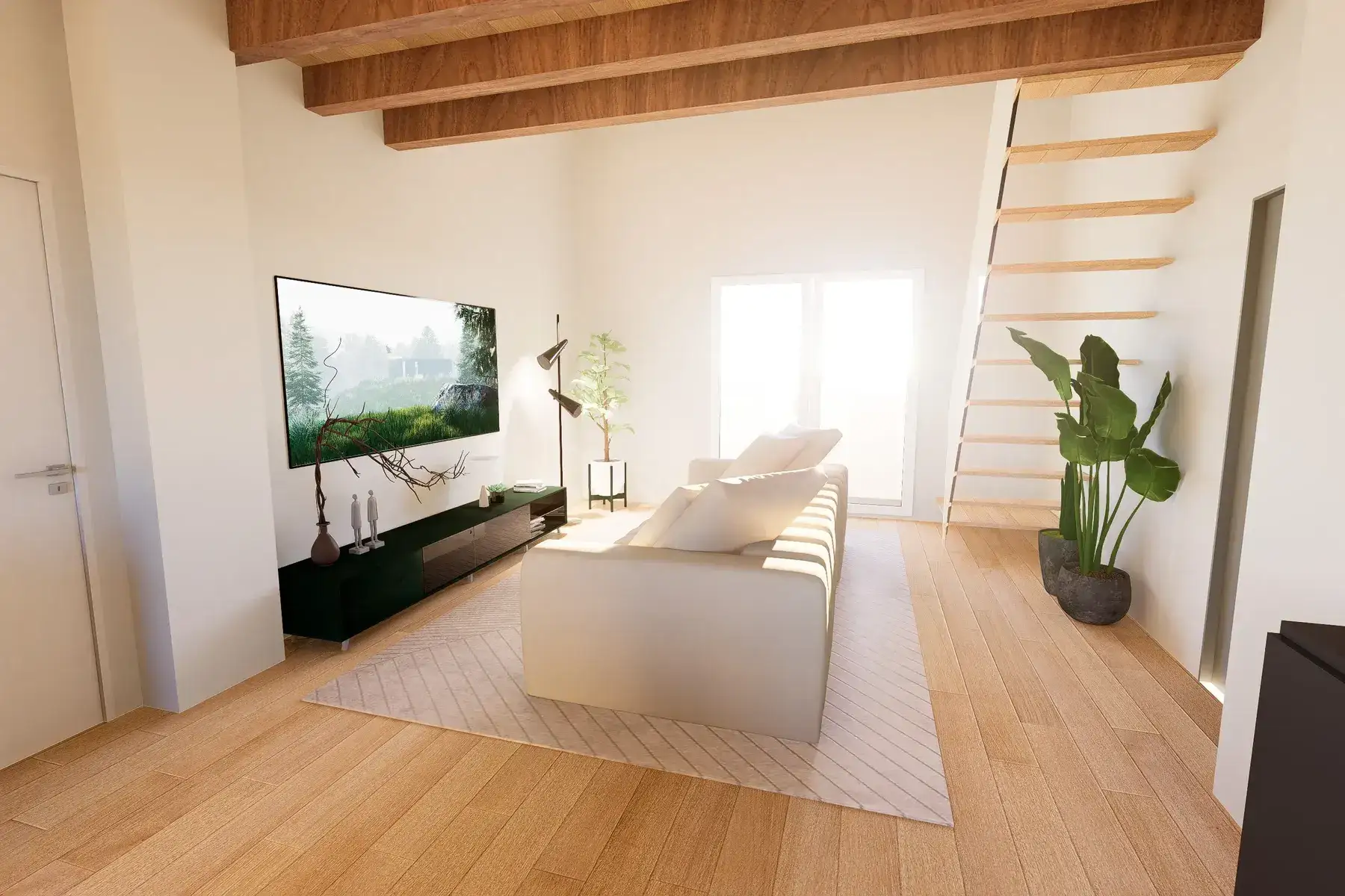 zona-living-stile-nordico-progettazione-interni-moderni Progetto interior design open space con travi in legno a vista e scala