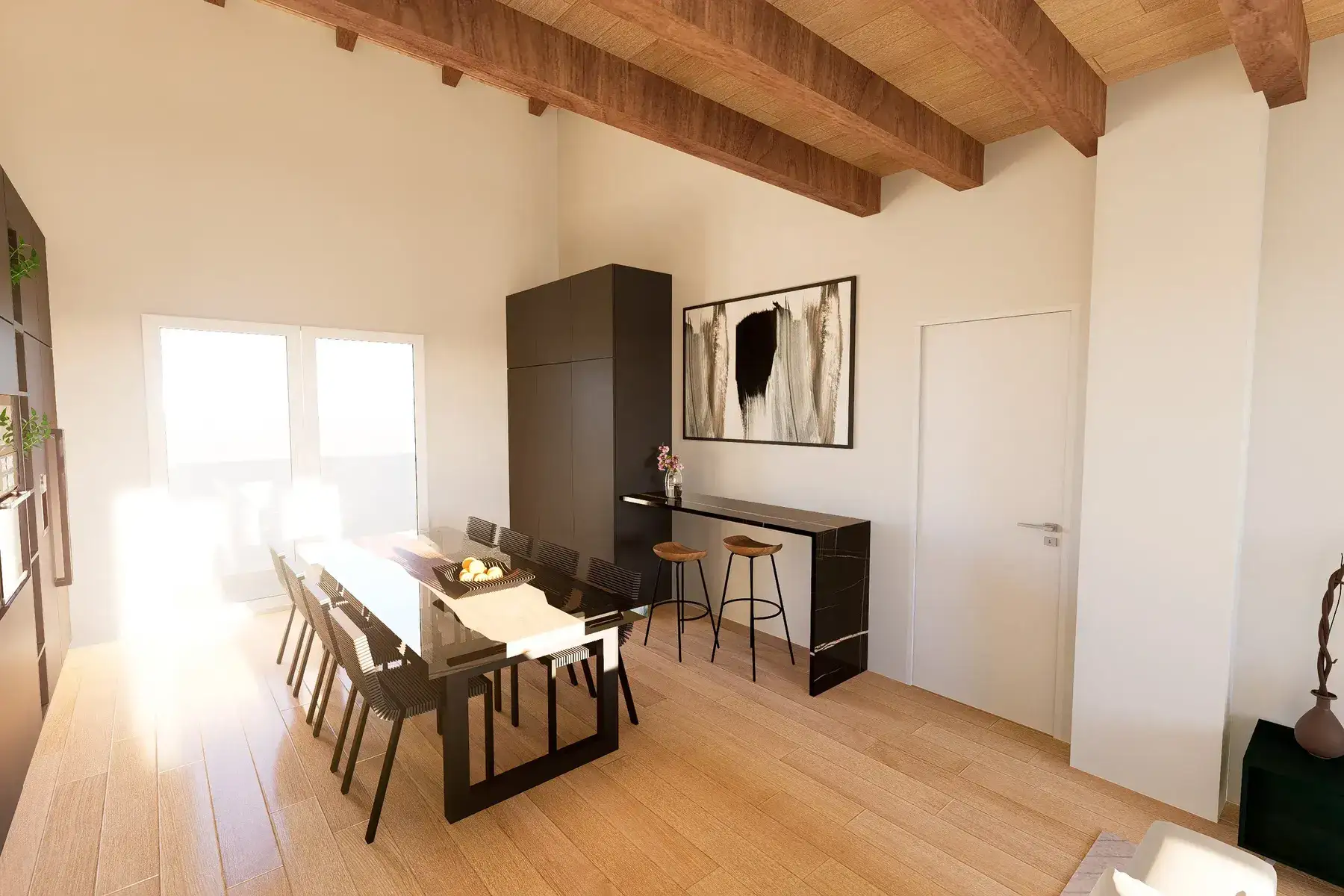 zona-pranzo-stile-nordico-interior-design Cucina e zona pranzo open space con tavolo nero lucido, bancone colazione marmo scuro e soffitto con travi a vista