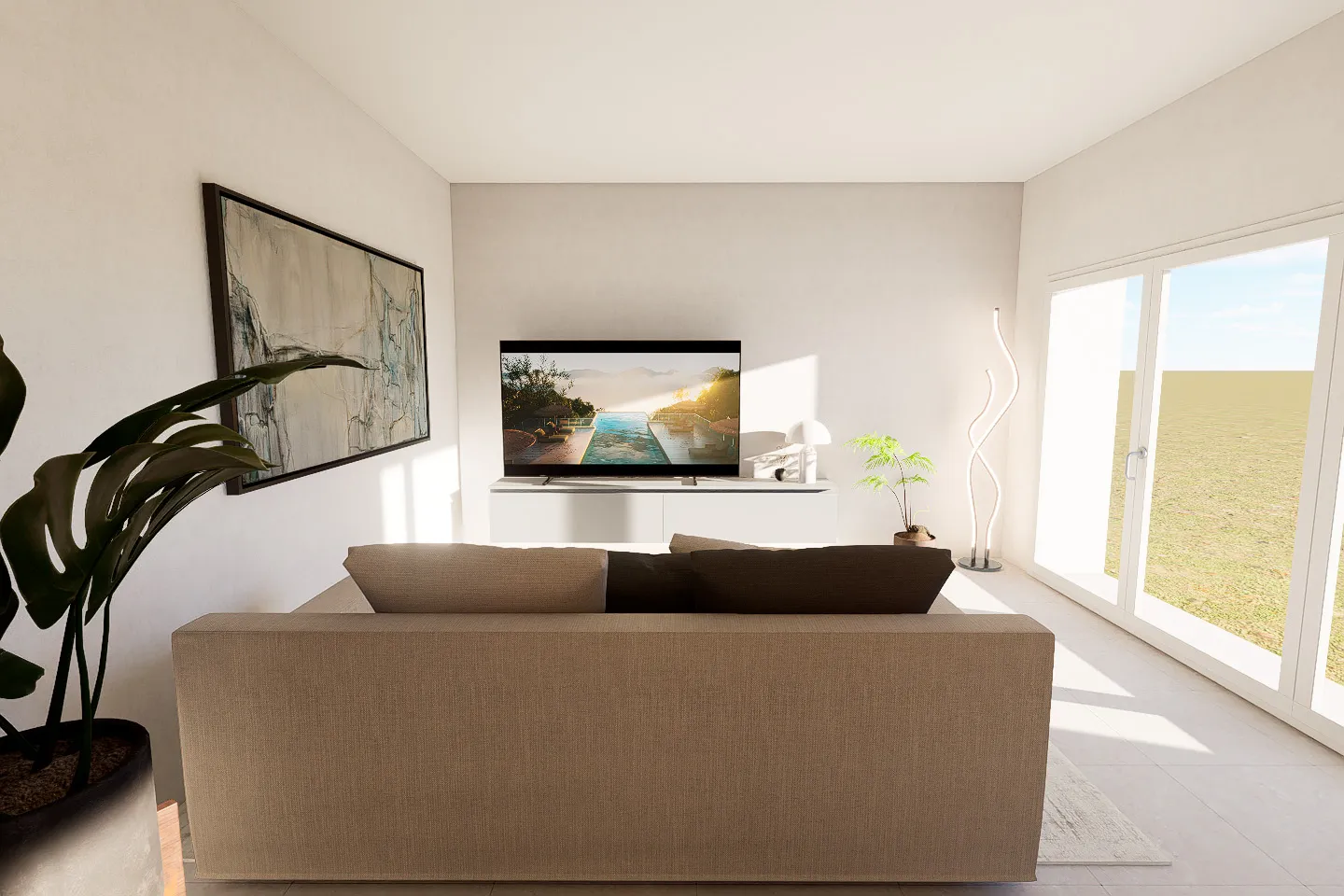 Soggiorno moderno e luminoso con divano beige, parete TV e ampie vetrate