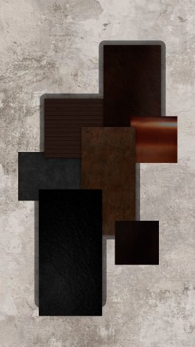 Palette materica per progetto residenziale con campioni di legno, pietra e vetro fumé